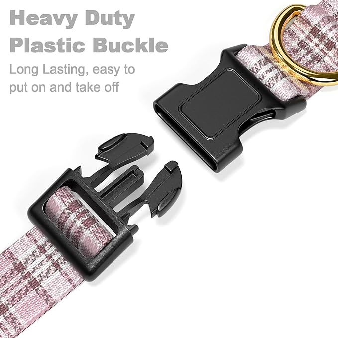 Rnivvi Dog Collar for Small Dogs, Cute Heavy Duty Adjustable Puppy Collar with Quick Release Buckle for Boy Girl & Female, Pet Accessories for Walking Running, S Length 3/4" Width, Pink Tartan