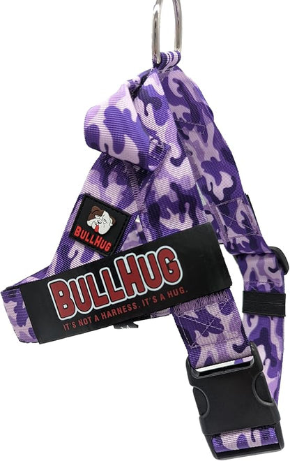 BULLHUG Adjustable Dog Harness– No Pull, No Choke – for English Bulldogs, French Bulldogs, Pugs & Broad-Chested Breeds – Easy, Safe Walks (Purple Camouflage, XL)