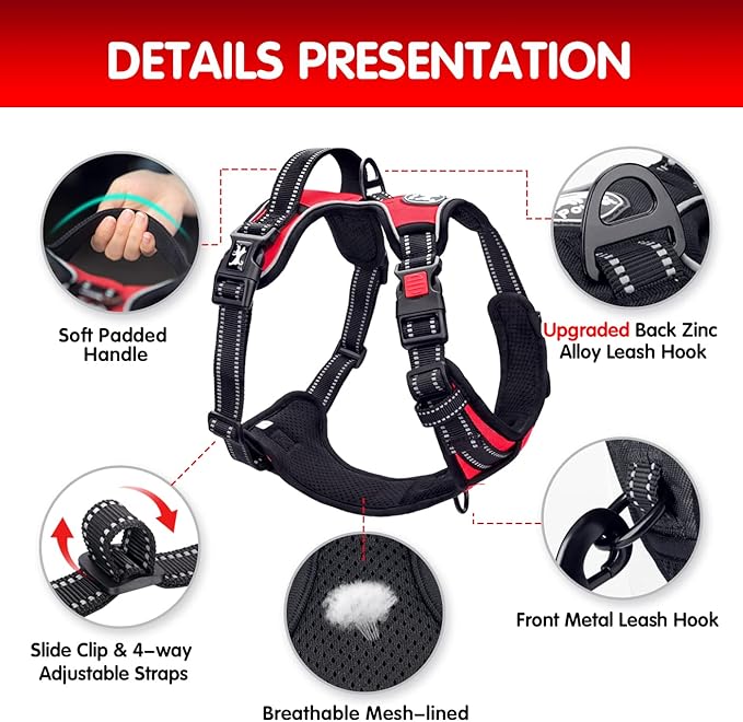 PoyPet Dog Harness and Leash Combo, Escape Proof No Pull Vest Harness, with 5 Feet Leash, Reflective Adjustable Soft Padded Pet Harness with Handle for Small to Large Dogs(Red,S)