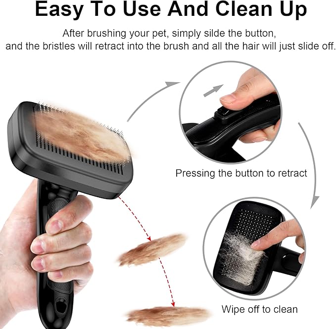WOPQAEM Self Cleaning Slicker Brush for Dog, Cat, Skin Friendly Shedding & Grooming Tool for Long and Short Haired Pets, Easy Clean Retractable Bristles, Black