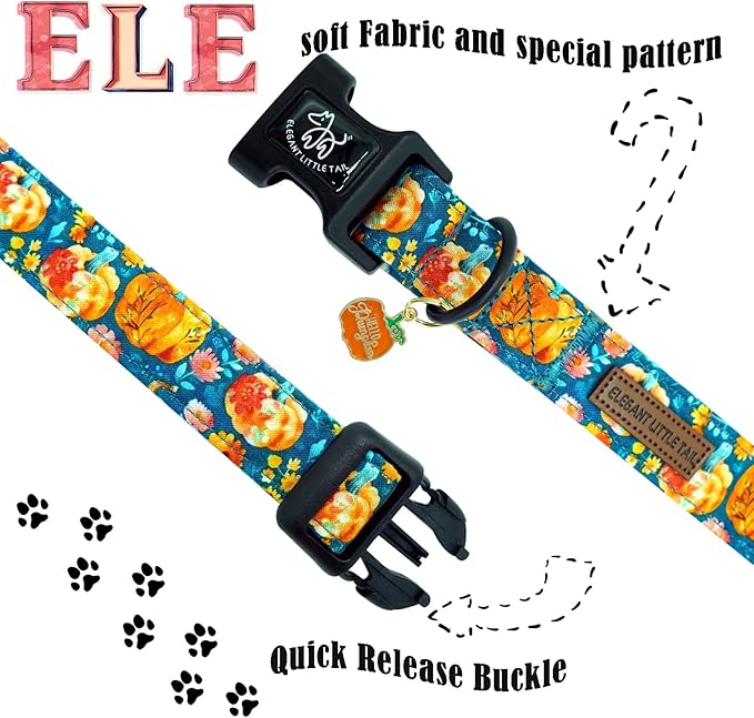 Elegant little tail Halloween Dog Collar, Pumpkin with Flower Print Blue Fall Pet Collars Cotton Soft Sturdy Puppy Collars Holiday Female Adjustable Collar for Large Dogs