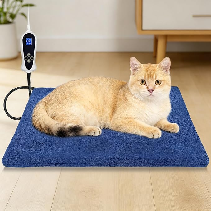 Bestio Cat Heating Pad, 18×18 in Waterproof Heated Cat Bed with Intelligent Constant Temperature Switch and Metal Protective Tube, Pet Heating Pads for Cats Dogs with Washable Cover-Blue (Small)