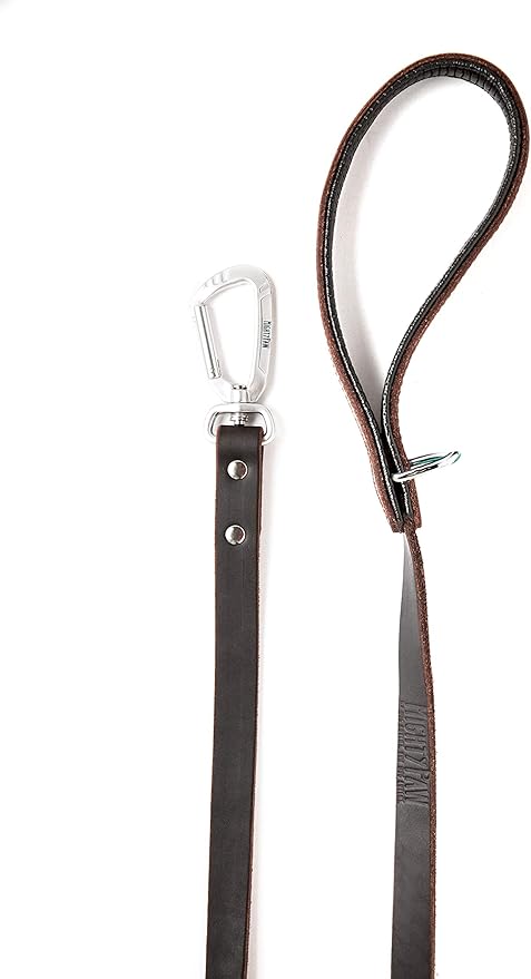 Mighty Paw Leather Dog Leash for Large Breeds - Soft Padded Handle - Extra D-Ring for Waste Bags - Strong Climbers Clip - 6 Ft Dog Leashes for Large Breeds - Leather Lead - Brown
