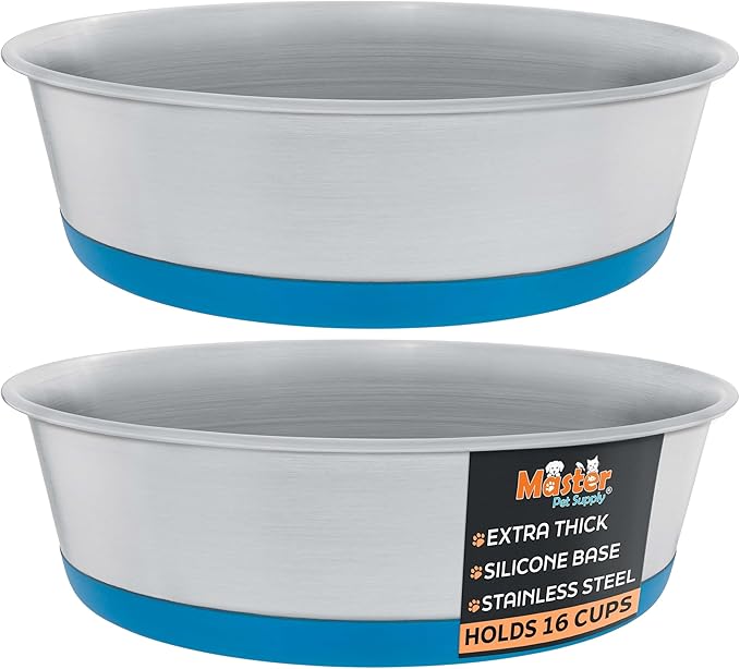 Master Pet Supply Stainless Steel Dog Bowls Set of 2 with Extra Thick Silicone Base - 16 Cup (128 oz) True Blue, Non-Slip, Dishwasher Safe Metal Bowls, Pet Dog Food Bowl for Dogs, Cats, Anti Rust