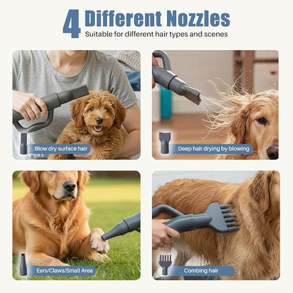 DUMOS Dog Blow Dryer Grooming Vacuum Kit, Cat Dog Hair Dryer with Adjustable Wind Speed & Heater Temperature, Cool-Warm-Hot Cycle Mode, 4 Nozzles, 6.5FT Cord for Low Noise Pet Hair Remover - Grey