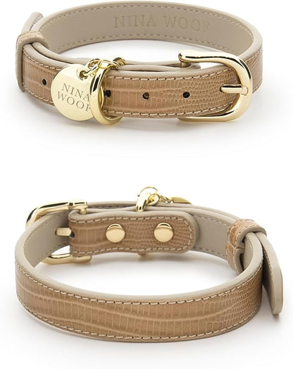 Nina Woof Milan Vegan Leather Dog Collar - Padded Luxury Collar with Adjustable Buckle - For Small to Large Dogs - Beige, Large