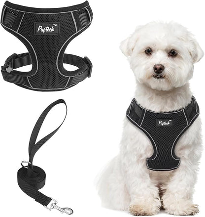 PUPTECK Small Dog Harness and Leash Set, No Pull Adjustable Puppy Cat Harness, Reflective Soft Mesh Pet Vest Small Sized, Black, M