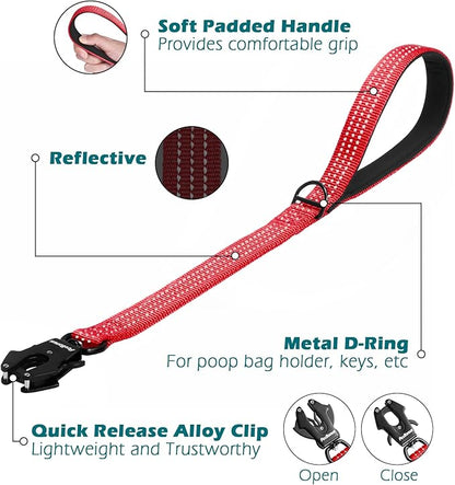 PetBonus Heavy Duty Short Dog Leash, 24 Inch Nylon Traffic Leash with Quick Release Clip, Comfortable Padded Handle, Reflective Training Lead for Medium Large Dogs (Red, 24")