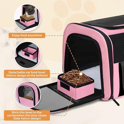FOORLON Cat Carrier Soft for Pets Up to 15 Lbs, Cat Travel Bag with Padded Shoulder Strap and Detachable Cat Food Bowl, Pet Dog Carriers for Small Dogs Travel Puppy Carry Airline Approved, Pink