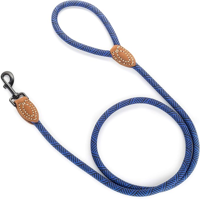 Mile High Life Rope Leash with Genuine Leather Connection, 6 FT/5 FT/4 FT, Heavy Duty Leash for Medium & Large Dogs (Blue, 72 Inch)