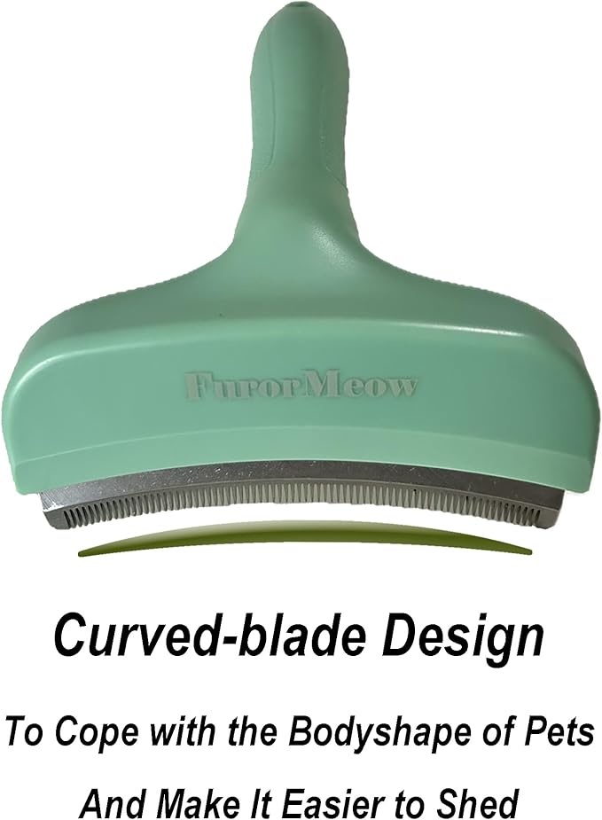 FurorMeow Pet Deshedding Tool with Curve Blade, Cat Grooming Brush, Tight V-shaped Teeth Shedding Comb for Cats and Dogs (Green, Large)
