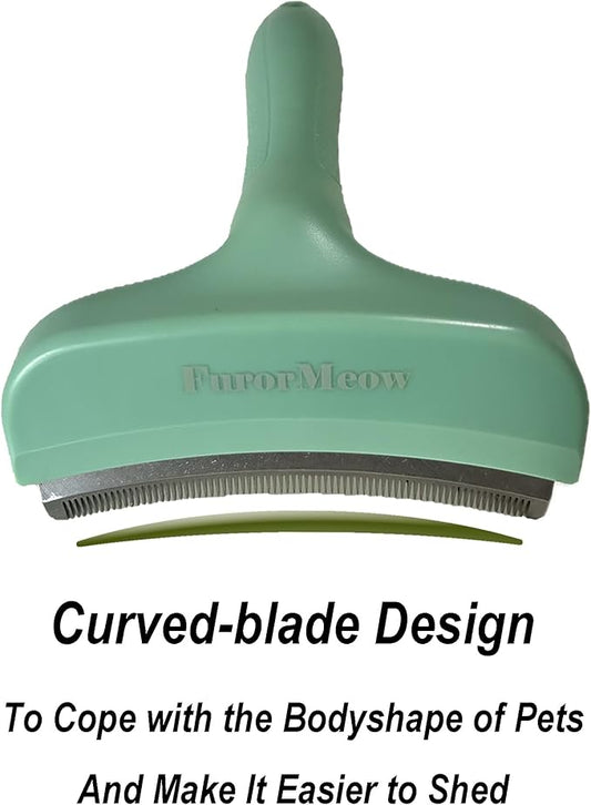 FurorMeow Pet Deshedding Tool with Curve Blade, Cat Grooming Brush, Tight V-shaped Teeth Shedding Comb for Cats and Dogs (Green, Large)