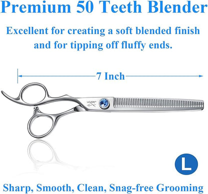 JASON Left Handed 7" Dog Grooming Scissors Set, 3 in 1 Ergonomic Blending, Curved, Straight Cat Pet Hair Trimming Thinning Professional Kits with Offset Handle and a Jeweled Screw Christmas Gift