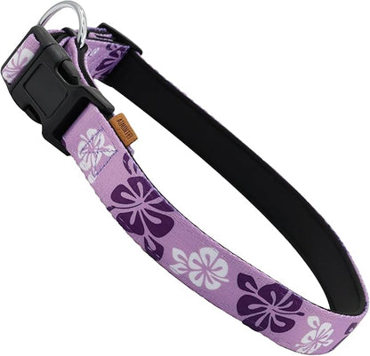 Dog Collar, Cute Floral Pattern, Neoprene Padded and Adjustable Collar with Quick Release Buckle, Reinforced Structure (L (Neck 18-28", Width 1"), Hawaiian Purple)