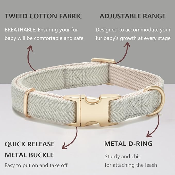 Ewinoom Soft Hemp Dog Collar and Leash Set Adjustable Woven Tweed Dog Collars with Metal Buckle and Lead for Small Medium Large Dogs,Grey