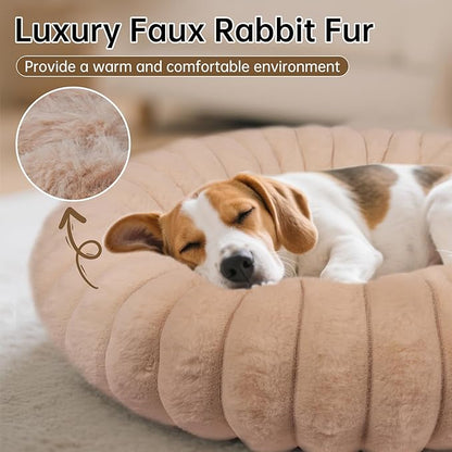 Vhen When Donut Dog and Cat Bed, Luxurious Comfortable Faux Rabbit Fur Pet Beds, Round Anti-Anxiety Calming Puppy Kitten Bed with Anti-Slip Bottom for Small Medium Dogs & Cats(23", Brown)