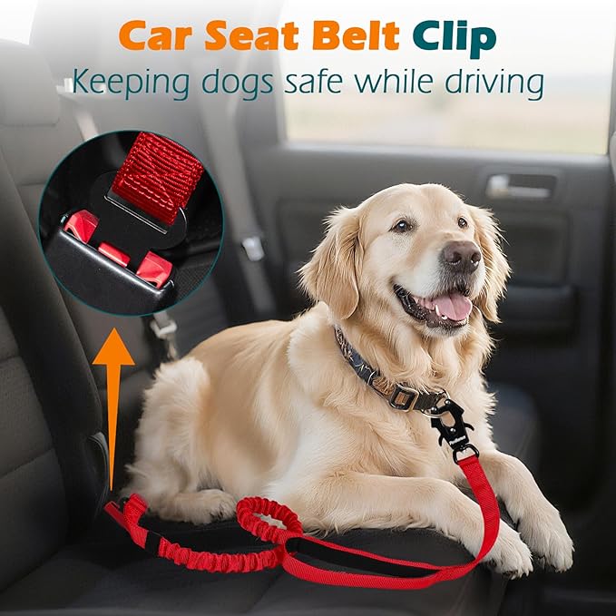 PetBonus Heavy Duty Tactical Dog Leash, 5 FT Bungee Shock Absorption Leash with 2 Padded Handles, Quick Release Metal Clip, Car Seatbelt, No Pull Training Lead for Large Medium Dogs（Red）