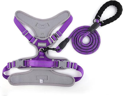 Paawpal Adjustable Dog Harness - No Pull, Reflective, Soft Padded for Small, Medium, Large Dogs - Includes Leash Purple XL