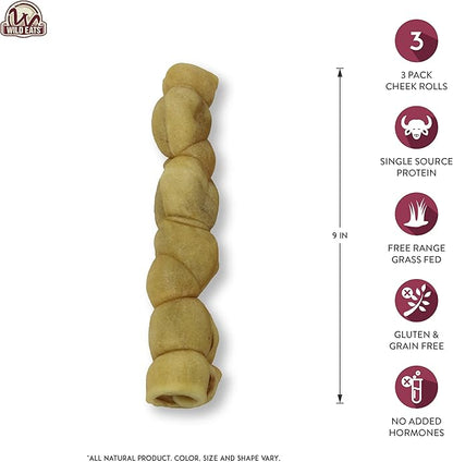 Wild Eats 9" Cheek Roll Long Lasting Dog Chews 3 Pack Water Buffalo Treats, Bones for for Large Dogs Substitute for Pig Ears for Dogs