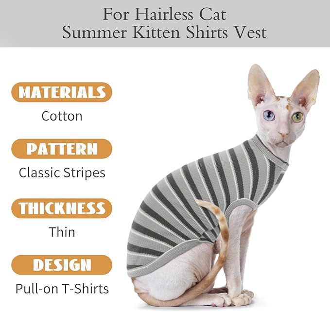 BRKURLEG Hairless Cats T Shirt, Cat Sweaters, Pullover Kitten Shirts, Sleeveless Round Collar Cotton Vest for Cornish Rex Devon Rex Peterbald and Small Dogs Sweater(Grey Stripes, M)
