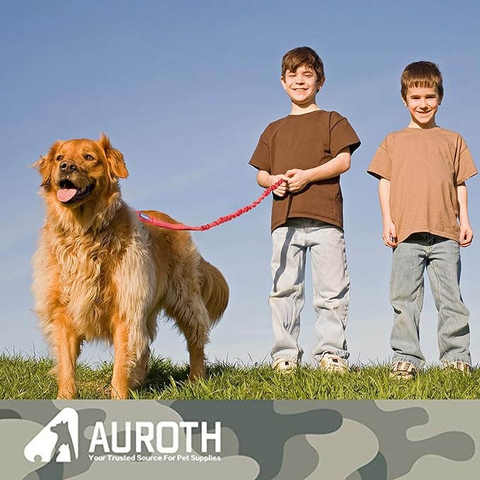 AUROTH Heavy Duty Bungee Dog Leash for Large Breed Dogs, No Pull for Shock Absorption with Car Seat Belt, 2 Padded Handles 4.5Foot 6Foot Training Dog Leash Red