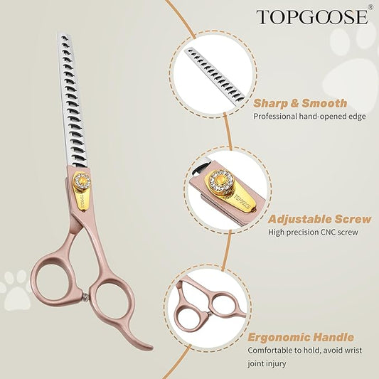 TOPGOOSE Thinning Shears for Dogs and Cats Pet Grooming Scissors Chunkers Shears 440C Stainless Steel Professional Dog Trimming Scissors 7.5'' (Rose Gold, Chunker)