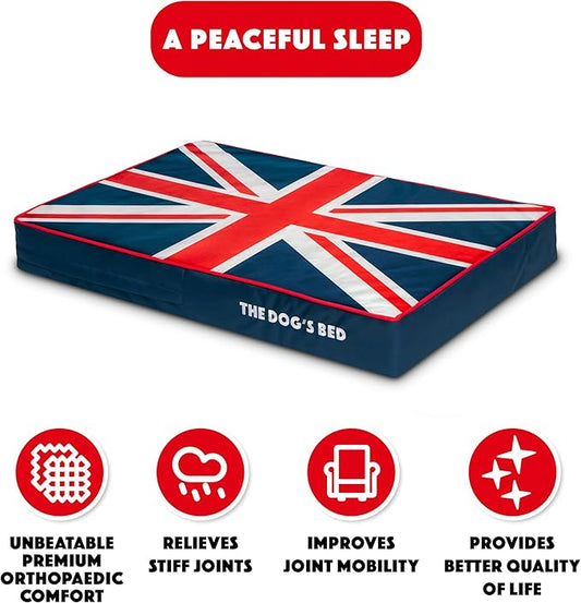 The Dog’s Bed Orthopedic Memory Foam Dog Bed, Medium Blue & Red Trim UK Center Flag, Pain Relief for Arthritis, Hip & Elbow Dysplasia, Post Surgery Supportive, Waterproof Washable, Veterinary Approved
