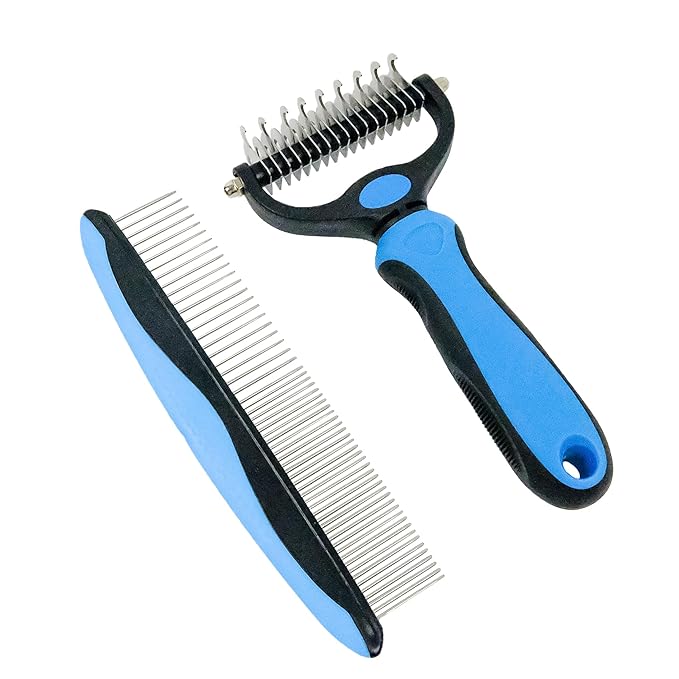 Pet Grooming Rake - Blue Deshedding Comb with Grooming Comb for Dogs and Cats,Double-Sided Dematting Tool,Extra-Wide Deshedding Dog Brush for Long Hair to Effectively Remove Tangles,Knots and Mats