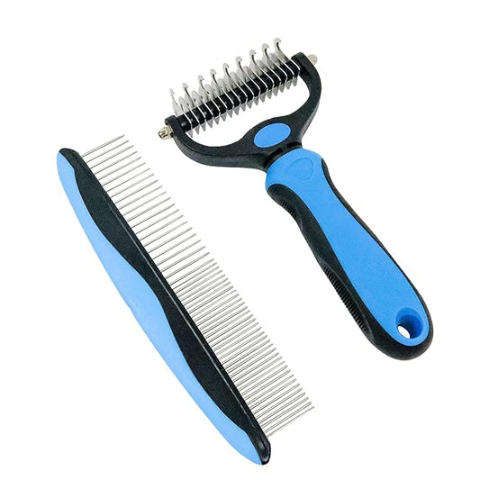 Pet Grooming Rake - Blue Deshedding Comb with Grooming Comb for Dogs and Cats,Double-Sided Dematting Tool,Extra-Wide Deshedding Dog Brush for Long Hair to Effectively Remove Tangles,Knots and Mats