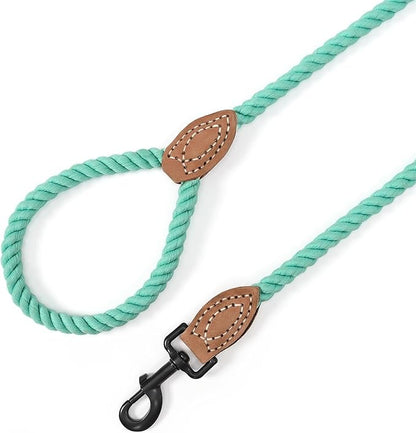 Mile High Life Dog Leash, Braided Cotton Rope Leashes with Leather Tailor Tip with Leather Tip - Heavy Duty Metal Clasp, 4FT, 1/2" Thick - Wedding, Walking Leash for Medium Large Dogs(Green)