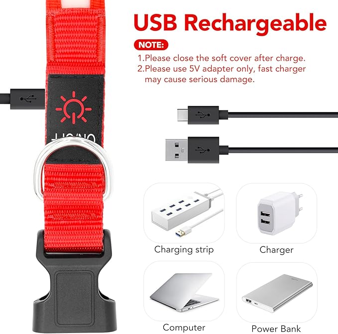 Vizpet LED Dog Collar, Light Up Dog Collar Adjustable USB Rechargeable Super Bright Safety Light Glowing Collars for Dogs(Large,Red)