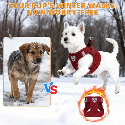 KOOLTAIL Christmas Plush Small Dog Harness and Leash Set, Warm Fleece No Pull Puppy Vest for Winter, Lightweight Reflective Step in Pet Harness for Medium Sized Dogs Boy Girl Outdoor Walking, Red S