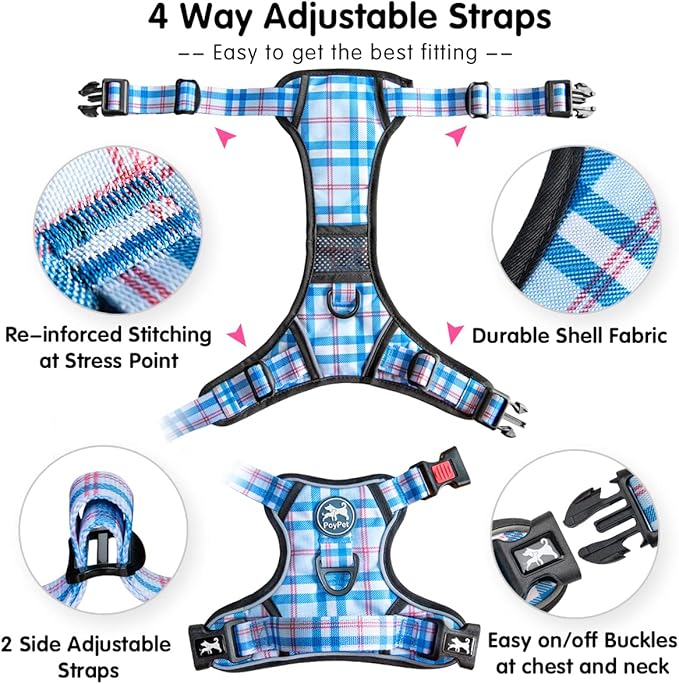 PoyPet No Pull Dog Harness, [Release at Neck] Reflective Adjustable No Choke Pet Vest with Front & Back 2 Leash Attachments(Checkered Blue,XS)