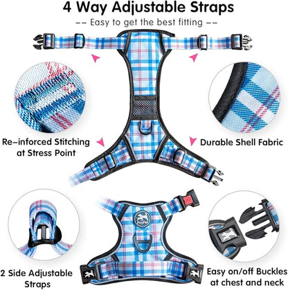 PoyPet No Pull Dog Harness, [Release at Neck] Reflective Adjustable No Choke Pet Vest with Front & Back 2 Leash Attachments(Checkered Blue,XS)