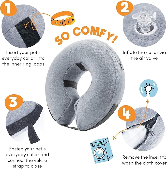 BENCMATE Inflatable Dog Cone Collar Alternative, Soft Dog Cone for Small Medium Large Dogs and Cats, Neck Recovery ECollar Donut Collar After Surgery (Medium+, Grey)