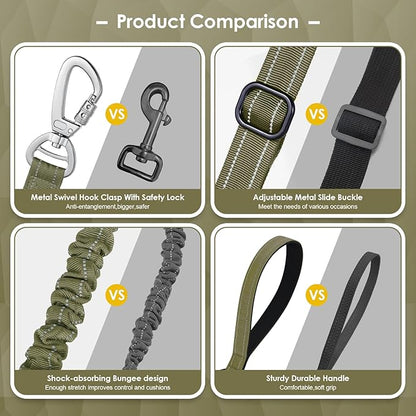 AUBELL Tactical Dog Leash Heavy Duty,4-6ft Reflective Strong No Pull Bungee Leash for Small Dogs with Comfortable Padded Double Handle,Car Seat Belt,360 Degree Rotating Carabiner,Green