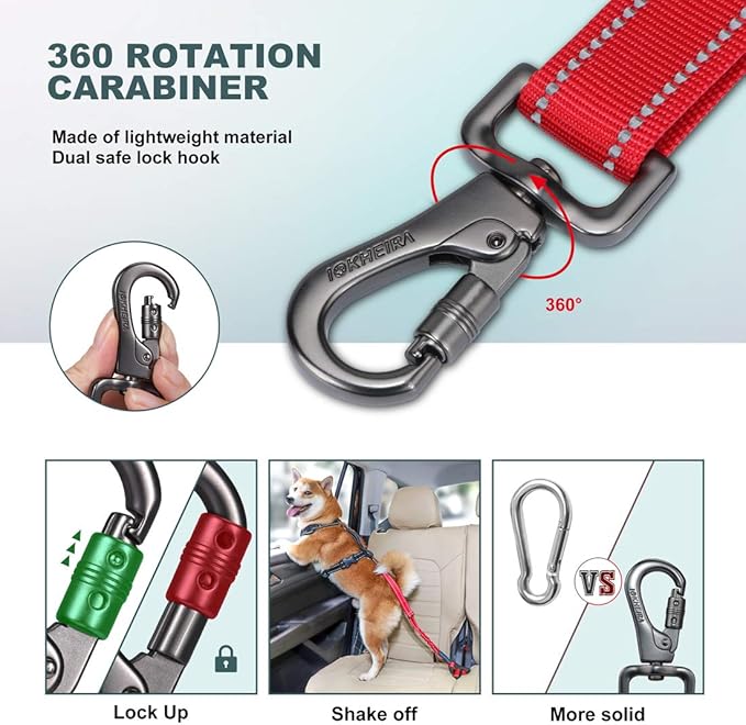 IOKHEIRA Dog Seat Belt 3-in-1 Car Harness for Pets Adjustable Safety Seatbelt Nylon Reflective Bungee Fabric Dog Car Harness with Clip Hook Latch & Buckle, Swivel Zinc Alloy Carabiner Red