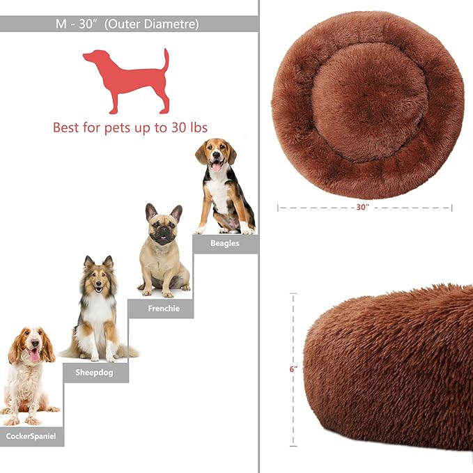 Calming Dog Bed for Medium Dogs Washable Donut 30 inches Anti-Slip Pet Bed,Round Fluffy Plush Faux Fur Cat Bed,Fits up to 45 lbs Pets,Chocolate Brown