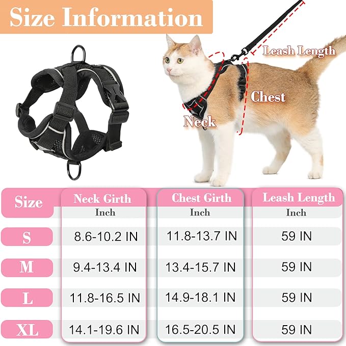 Kodervo Cat Harness and Leash, Reflective Cat Harness Escape Proof for Walking, Adjustable Kitten Harness and Leash Set, 4 Buckles Easy Control Breathable Cat Vest Harness for All Types of Cats