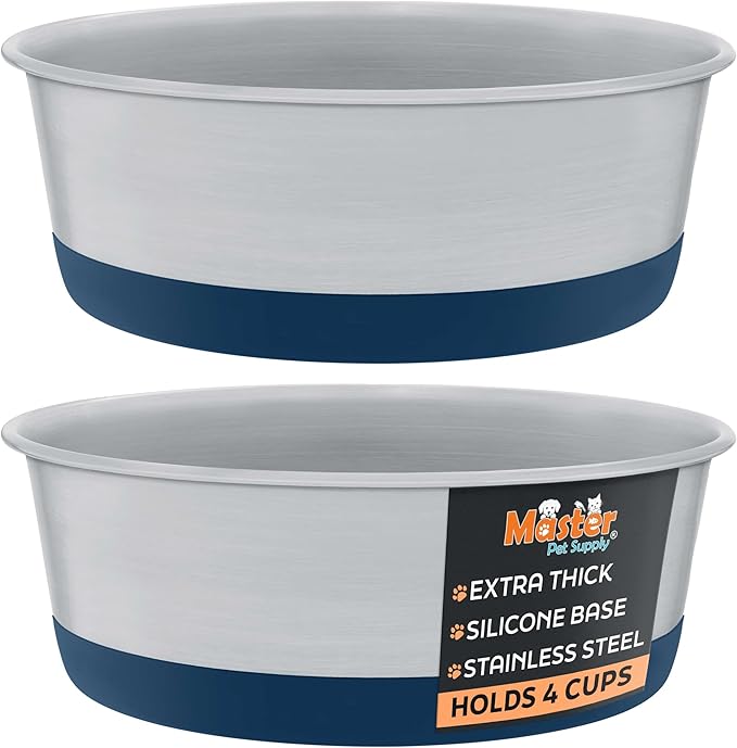 Master Pet Supply Stainless Steel Dog Bowls Set of 2 with Extra Thick Silicone Base - 4 Cup (32 oz) Navy Blue, Non-Slip, Dishwasher Safe Metal Bowls, Pet Dog Food Bowl for Dogs, Cats, Anti Rust
