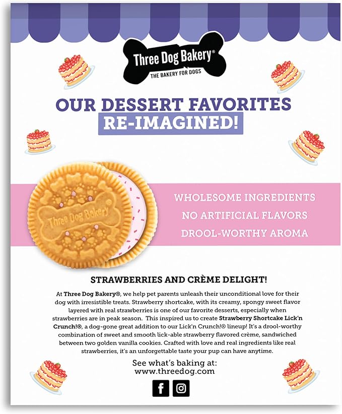 Three Dog Bakery Lick’n Crunch! Strawberry Shortcake Dog Treats, Crunchy Sandwich Cookies with Real Strawberries & Vanilla Cream Filling, 13 oz