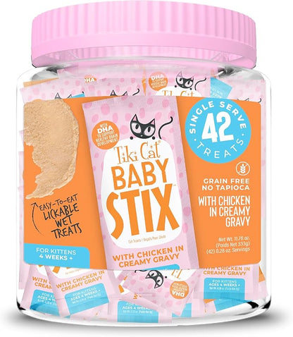 Tiki Cat Baby Stix Wet Cat Treats, Chicken in Creamy Gravy, 0.28 oz. Sachets (42 Count Jar)