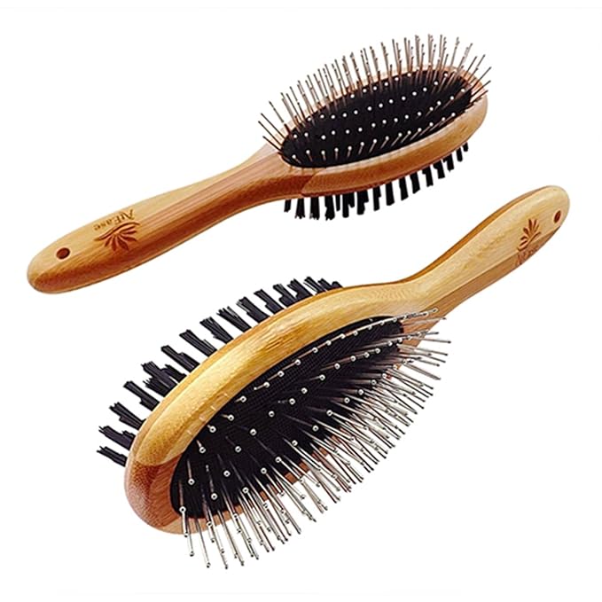 AtEase Accents Double Sided Dog Brush - for Long or Short Haired Dogs and Cats Natural Bamboo Eco Friendly Pet Grooming Dual Sided Pin and Bristles for Deshedding Hair