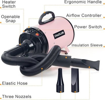 Dog Dryer for Pet Grooming, High Velocity Pet Hair Dryer with Heater, Adjustable Speed, 3 Nozzles and a Comb, Pink