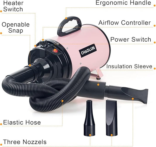 Dog Dryer for Pet Grooming, High Velocity Pet Hair Dryer with Heater, Adjustable Speed, 3 Nozzles and a Comb, Pink