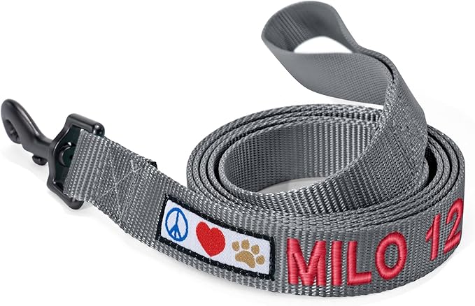 Pawtitas Personalized 6 ft Grey Dog Leash XS/S Custom Name and Phone Embroidery Strong Nylon Leash for Small Breeds