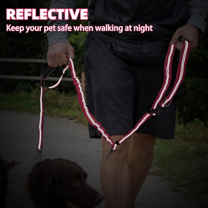 PUPTECK Heavy Duty Bungee Leash for Medium Large Dogs, No Pull Tactical Dog Leash with Double Handles for Training, Reflective with Car Seatbelt and Quick Release Buckle, Pink