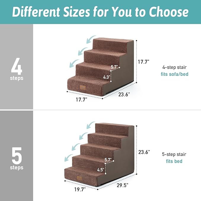 COZY KISS Dog Stairs for Small Dogs 5-Step, 19.7" Extra Wide Right-Angle Pet Stairs for Couch and Beds, Anti-Slip Dog Steps for Old Cats and Lowrider, 19.7x29.5x23.6 inch, Brown