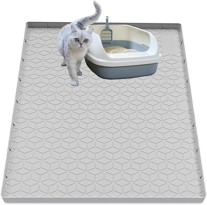 Jacooxi Cat Litter Mat for Litter Box, Silicone Large Cat Litter Trapping Mat - 34x22 in, Waterproof & Non-Slip, Durable & Easy Clean, Light Gray
