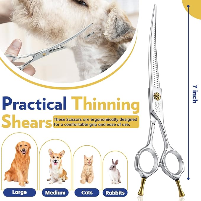 JASON 7" Dog Grooming Scissors - Up-curved Thinning Shears with 25%-30% Thinning Rate, Japanese 440C Stainless Steel Dog Blenders for Grooming with Adjustable Screw (32 Teeth, Silver) Christmas Gift